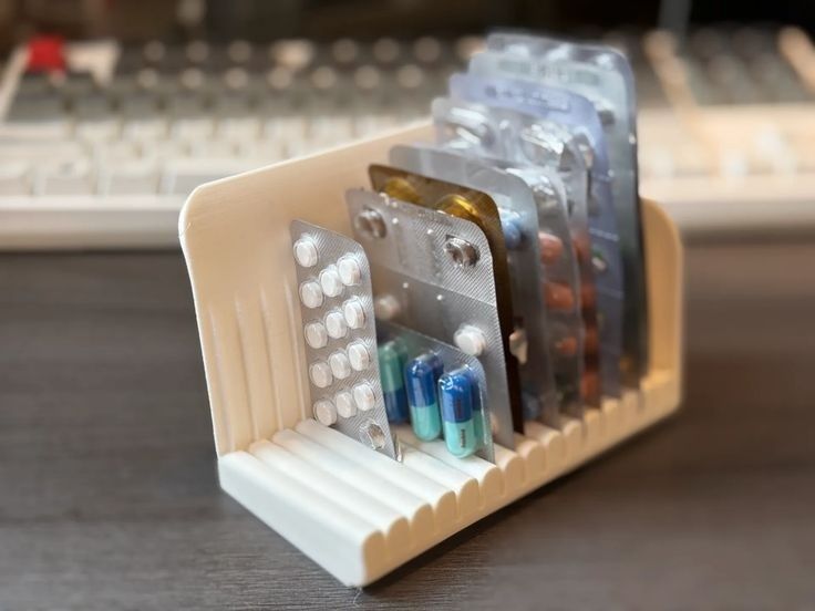Sortierbox mit verschiedenen Blisterpackungen und Medikamentenkapseln