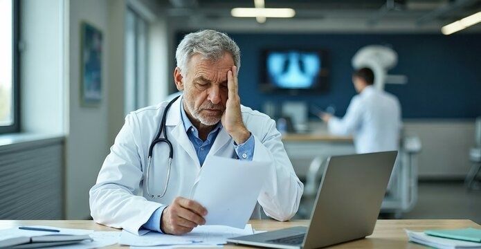 Arzt liest medizinische Unterlagen neben einem Laptop und wirkt nachdenklich